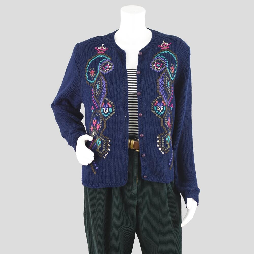 Susan Bristol Blue Hand Embroidered Vintage 80s Cardigan Women's Medium - Large